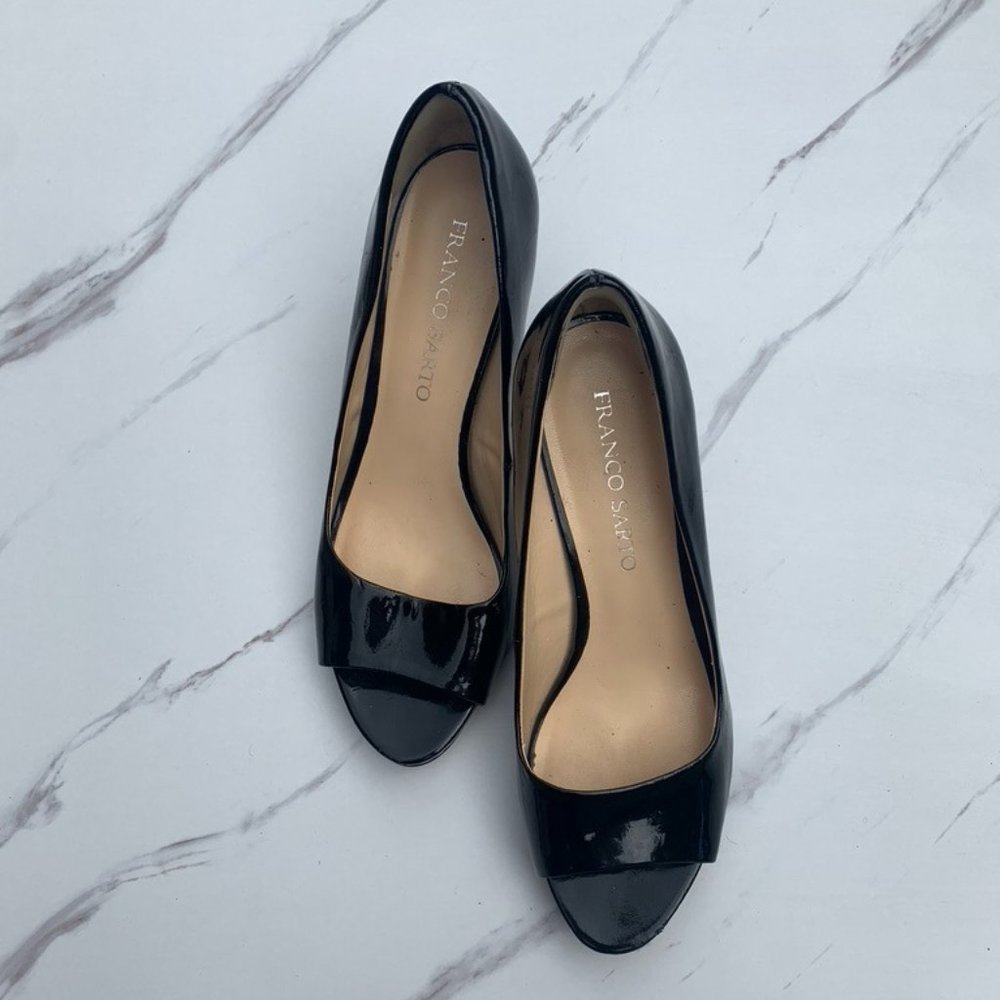 Franco Sarto black patent leather peep toe heels